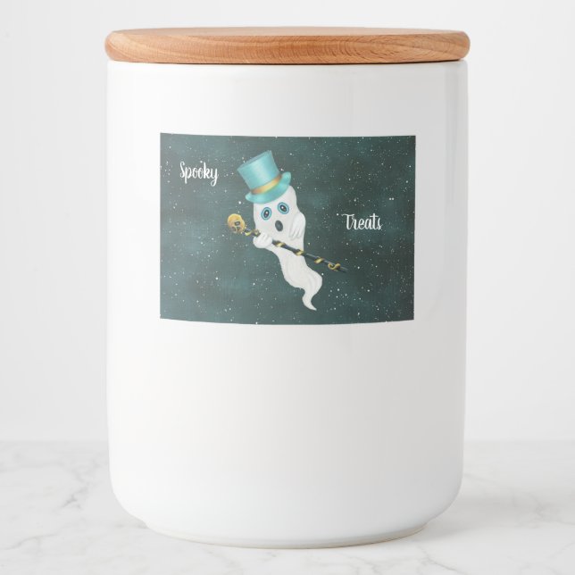 Funny White Ghost Hazy Sky Top Hat Skull Cane Lebensmitteletikett (Vorderseite)