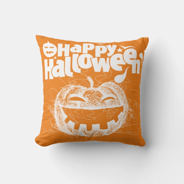 Funny White Pumpkin Face Halloween Typografie Kissen (Vorderseite)