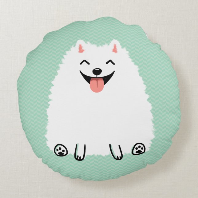 Funny White Spitz Niedlich Lächeln Pom Rundes Kissen (Rückseite)
