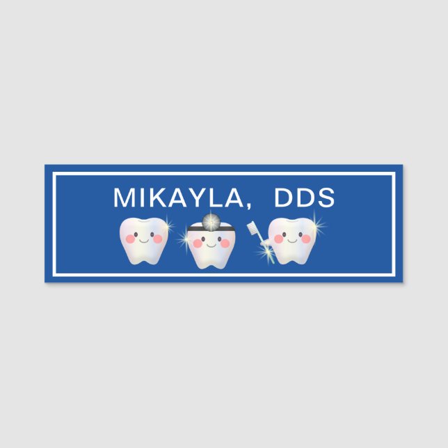 Funny White Teeth Dentistry Blue Name Tag Namensschild (Vorderseite)
