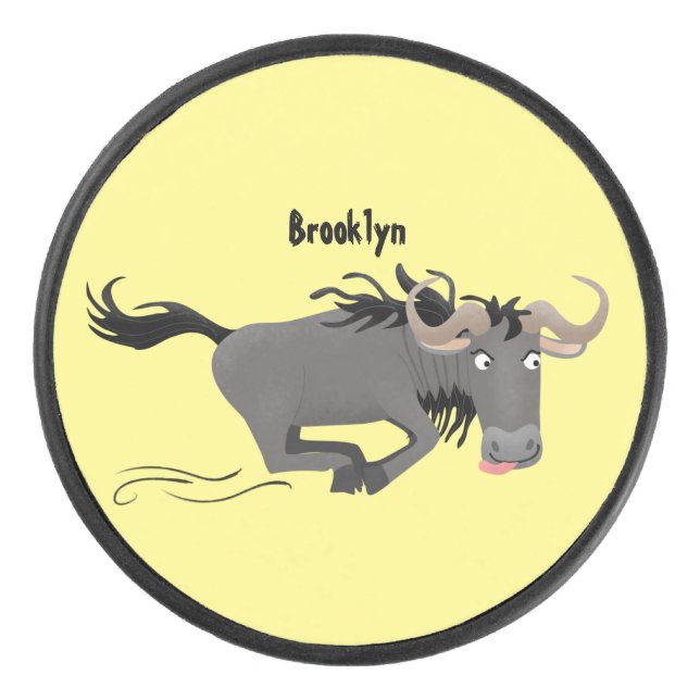 Funny wildebeam läuft Cartoon Illustration Eishockey Puck (Vorderseite)
