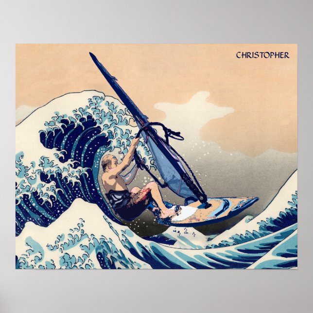Funny Windsurfing Surfer auf der Hokusai Große Wel Poster (Vorne)