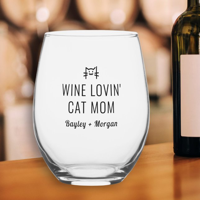 Funny Wine Loving Katze Mama Personalisierte Namen Weinglas Ohne Stiel (Von Creator hochgeladen)