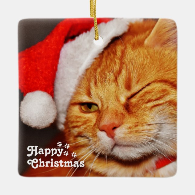 Funny Wink Cat Santa&Happy Weihnachten Einzigartig Keramikornament (Vorderseite)