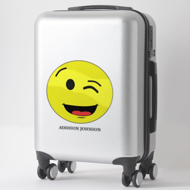 Funny Wink & Smile Emoji Yellow Face Name 14" Aufkleber (Koffer)