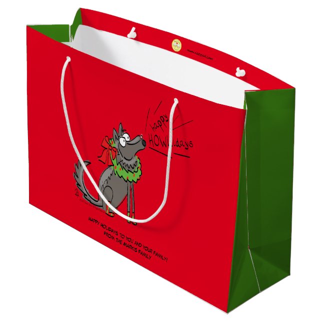 Funny Wolf Weihnachten glücklicher Urlaub Große Geschenktüte (Rückseite Schrägansicht)