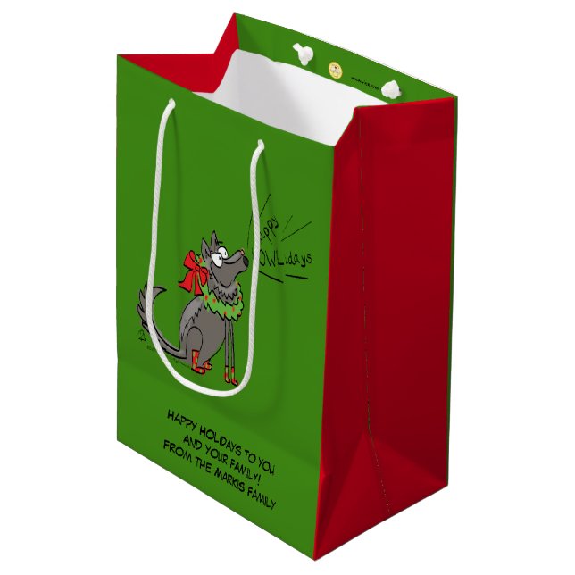 Funny Wolf Weihnachts-Happy Howlidays Holiday Mittlere Geschenktüte (Vorderseite Schrägansicht)