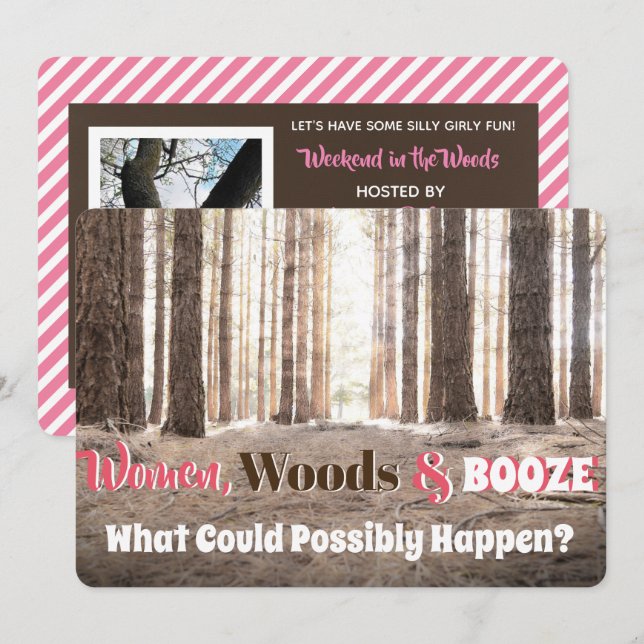 Funny Woman's Woodsy Weekend Party Einladung (Vorne/Hinten)