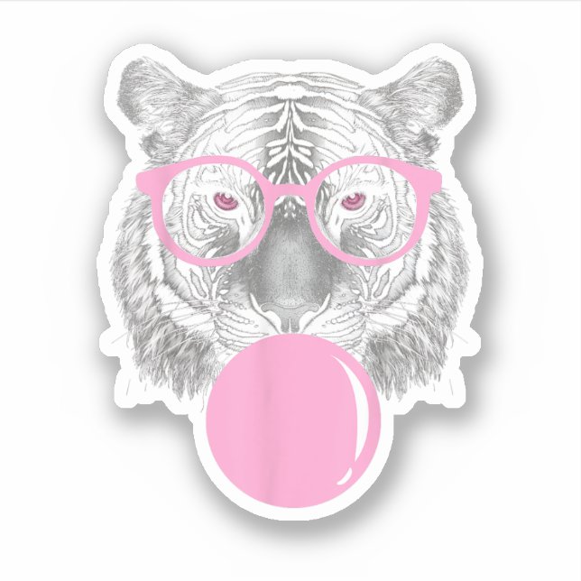 Funny Women's Tiger Brille & Pink Bubble Gum Anim Aufkleber (Vorderseite)