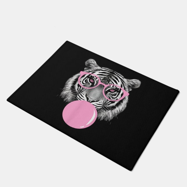 Funny Women's Tiger Brille & Pink Bubble Gum Anim Fußmatte (Schrägansicht)