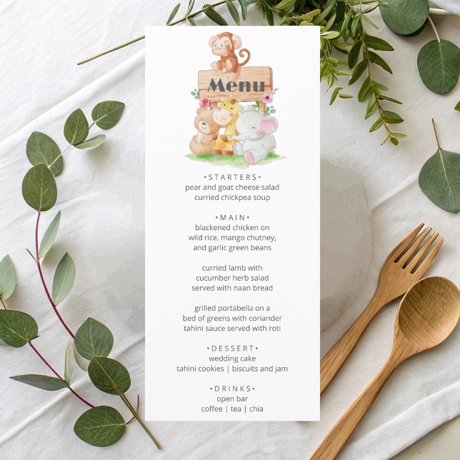 Funny Woodland Animals Baby Showe Party Menu Menükarte (Von Creator hochgeladen)