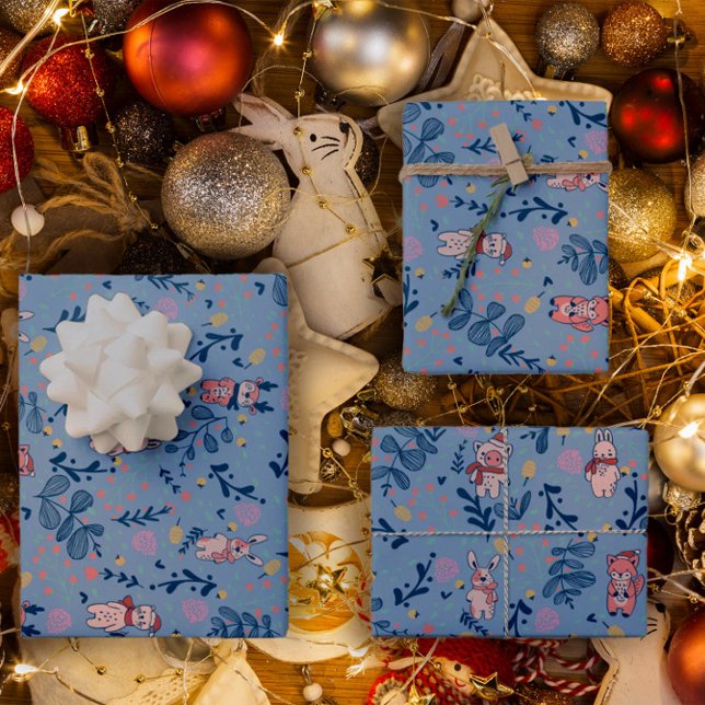 Funny Woodland Friends  Blue Winter Forest Pattern Geschenkpapier Set (Von Creator hochgeladen)