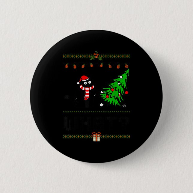 Funny Xmas Black Cat Pushing Christmas Tree Over C Button (Vorderseite)