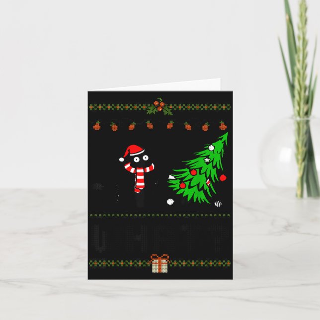 Funny Xmas Black Cat Pushing Christmas Tree Over C Karte (Vorderseite)