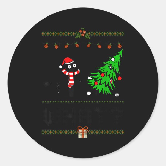 Funny Xmas Black Cat Pushing Christmas Tree Over C Runder Aufkleber (Vorderseite)