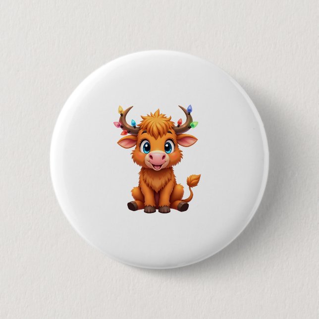 Funny Xmas Cow Lights Boys Girls Cute Highland Cow Button (Vorderseite)