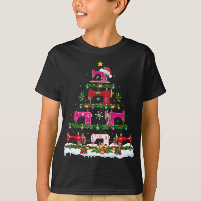 Funny Xmas Lighting Nähmaschine Weihnachtsbaum T-Shirt (Vorderseite)