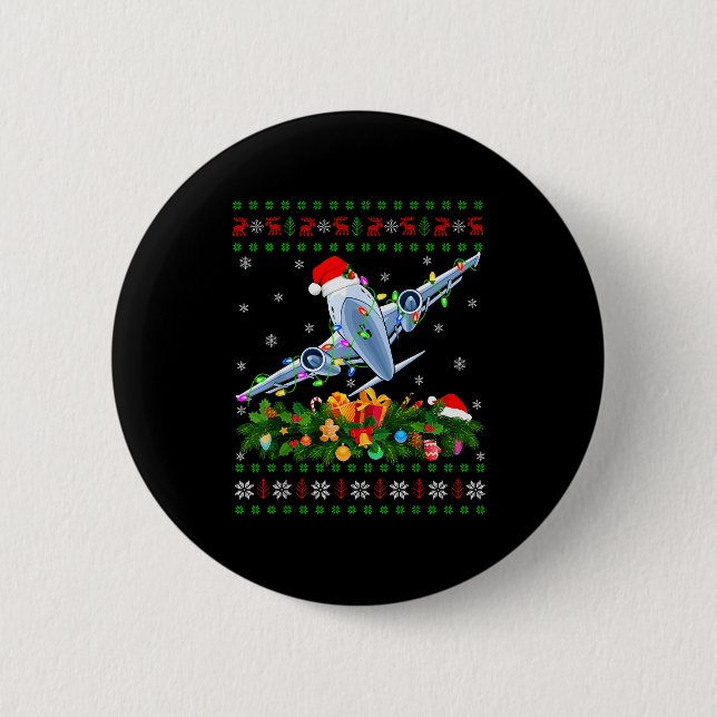 Funny Xmas Lighting Tree Santa Ugly Airplane Chris Button (Vorderseite)