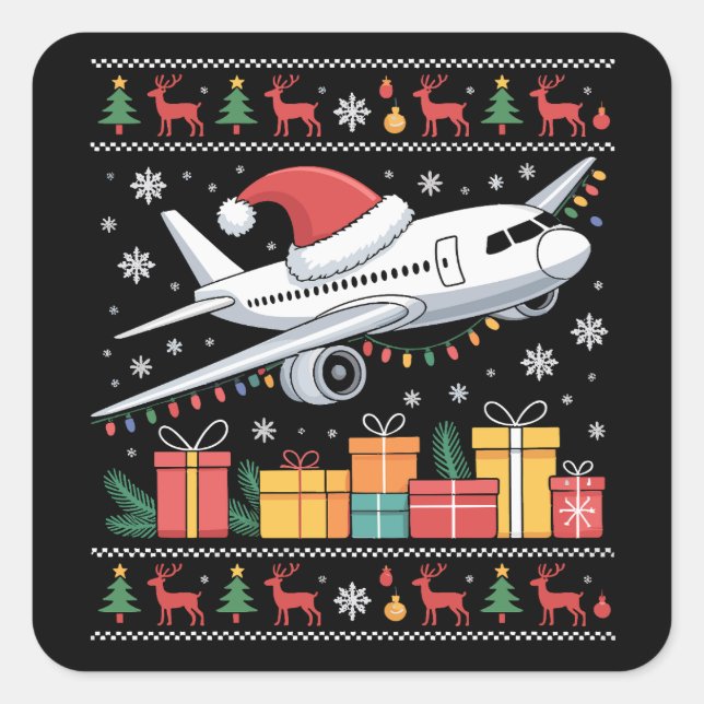 Funny Xmas Lighting Tree Santa Ugly Airplane  Quadratischer Aufkleber (Vorderseite)
