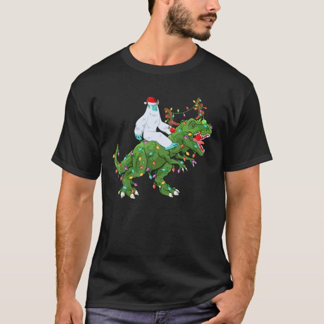 Funny Xmas Lights Santa Yeti Riding Dinosaurier Tr T-Shirt (Vorderseite)