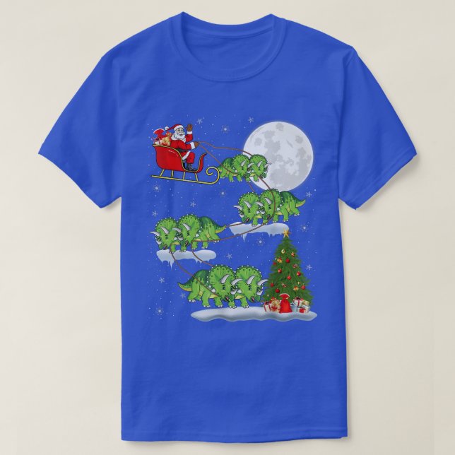 Funny Xmas Tree Santa Riding Triceratops Dinosaur T-Shirt (Design vorne)