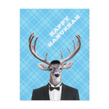 Funny Yarmulke Happy Hanukkah Deer Blue Kariert