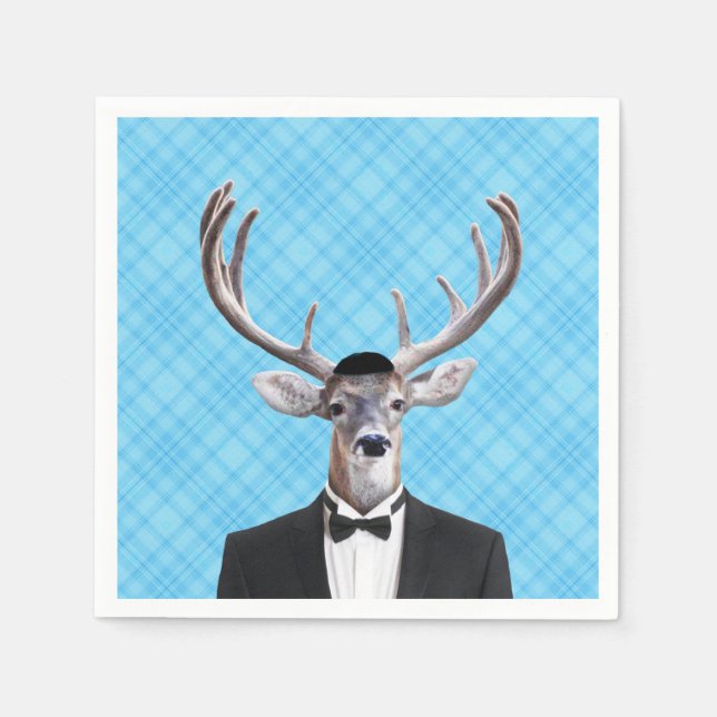 Funny Yarmulke Happy Hanukkah Deer Blue Kariert Serviette (Vorderseite)
