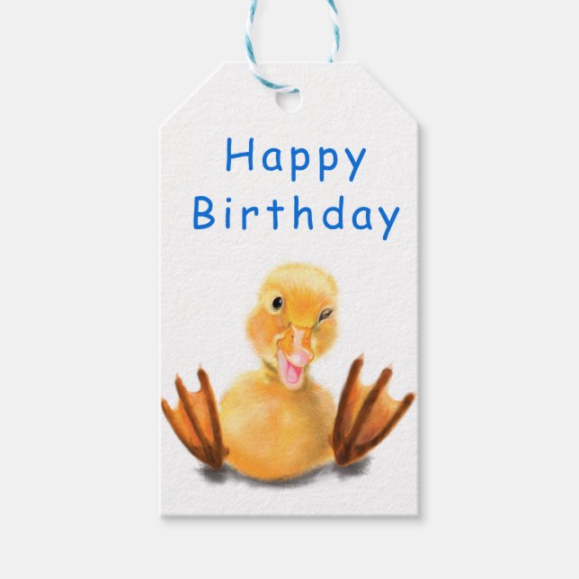 Funny Yellow Duck Playful Wink - Happy Birthday Geschenkanhänger (Vorderseite)
