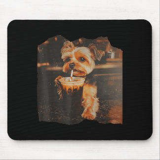 Funny Yorkie Drinking Iced Coffee Cute Dog Meme Mousepad