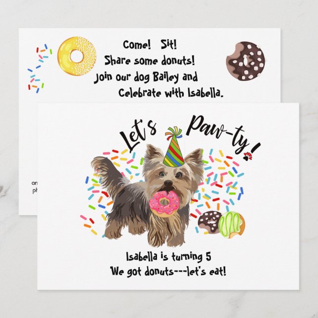 Funny Yorkshire Terrier Dog Donuts Birthday Party Einladung (Vorne/Hinten)