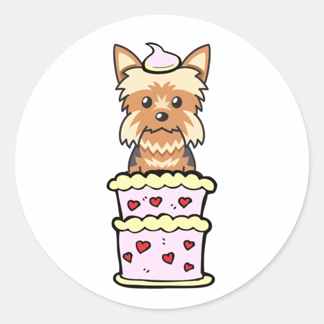 Funny Yorkshire Terrier springt aus einem Kuchen Runder Aufkleber (Vorderseite)