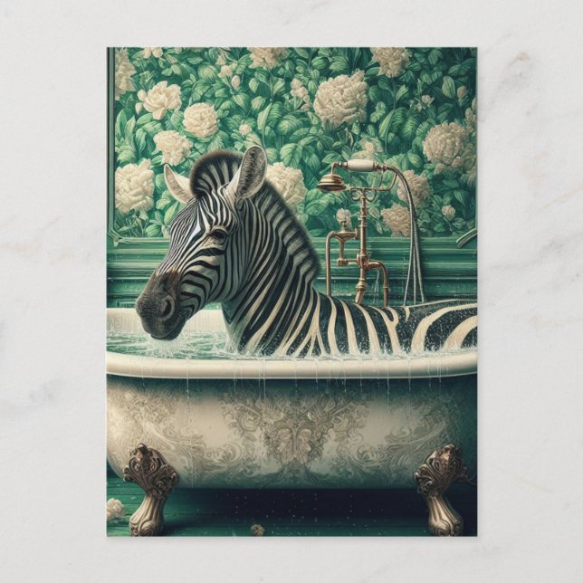 Funny Zebra in einer Badewanne Blühendes Badezimme Postkarte (Vorderseite)