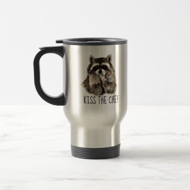 Funny Zitat Kiss den Koch Niedliche Raccoons, Tier Reisebecher (Links)