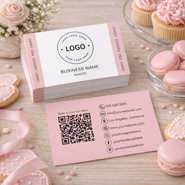 Für Bäckereien angepasster QR-Code Rosa Visitenkarte (Bakery Custom Logo QR Code Blush Pink Business Card)