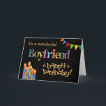 Für Boyfriend Chic Candles, Bunting Birthday Card Karte<br><div class="desc">Eine helle und farbenfrohe Geburtstagskarte für einen Boyfriend,  mit Birthday Cake Candles,  Bunting and Stars und dem Wort "Boyfriend" in gemusterter Schrift,  umrissen in Goldeffekt (nicht mit metallischer Tinte) und Happy Birthday,  auch in Goldeffekt,  auf schwarzem Hintergrund. Ein digitales Design von Judy Adamson.</div>