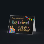 Für Boyfriend Chic Candles, Bunting Birthday Card Karte<br><div class="desc">Eine helle und farbenfrohe Geburtstagskarte für einen Boyfriend,  mit Birthday Cake Candles,  Bunting and Stars und dem Wort "Boyfriend" in gemusterter Schrift,  umrissen in Goldeffekt (nicht mit metallischer Tinte) und Happy Birthday,  auch in Goldeffekt,  auf schwarzem Hintergrund. Ein digitales Design von Judy Adamson.</div>