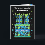 Für Brother Birthday Cake mit Candles Card Karte<br><div class="desc">Eine helle Geburtstagskarte für Ihren Bruder, mit vielen gemusterten Kerzen auf einem Geburtstagskuchen. Oben auf der Titelseite sind die Worte 'To a very special BROTHER' in einem weißen Buchstaben auf dem schwarzen Hintergrund. Es gibt eine blaue Band um den Kuchen mit "HAPPY BIRTHDAY!" auch in Weiß. Töne blaue, grüne und...</div>