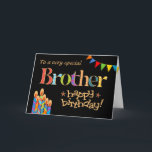 Für Brother Chic Candles, Bunting Birthday Card Karte<br><div class="desc">Eine helle und farbenfrohe Geburtstagskarte für einen Bruder jeden Alters,  mit Birthday Cake Candles,  Bunting and Stars und dem Wort "Brother" in gemusterter Schrift,  in Goldeffekt (nicht in metallischer Tinte) und Happy Birthday,  auch in Goldeffekt,  auf schwarzem Hintergrund. Ein digitales Design von Judy Adamson.</div>