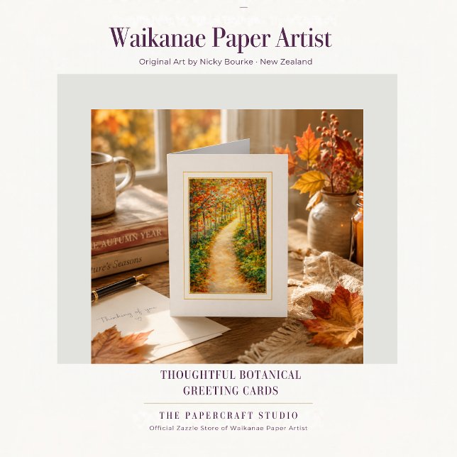 Für Dich - Herbstwaldweg (Elegant botanical pathway card with autumn colour and original art by Nicky Bourke, New Zealand.)