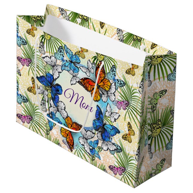 Für die Mama farbenfrohe Schmetterlinge Große Geschenktüte (Vorderseite Schrägansicht)