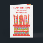 Für die Twin Sister Custom Age Birthday Cake Card Karte<br><div class="desc">Sie können das Alter zu dieser farbenfrohen Geburtstagskarte Ihrer Zwillingsschwester hinzufügen, mit einer Erdbeergeburtstorte. Der Kuchen hat viele Kerzen mit verschiedenen Mustern und es gibt eine gemusterte Band um den Kuchen mit bunten Sommerfrüchten - Erdbeeren, Himbeeren, Limetten und Orangenscheiben. Über dem Kuchen, der Gruß in roter Schrift ist "GLÜCKLICHER GEBURTSTAG...</div>