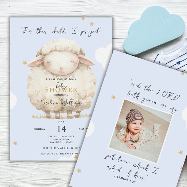 Für dieses Kind betete ich Foto Blue Lamb Religiou Einladung (Personalize with a sonogram or newborn photo.)