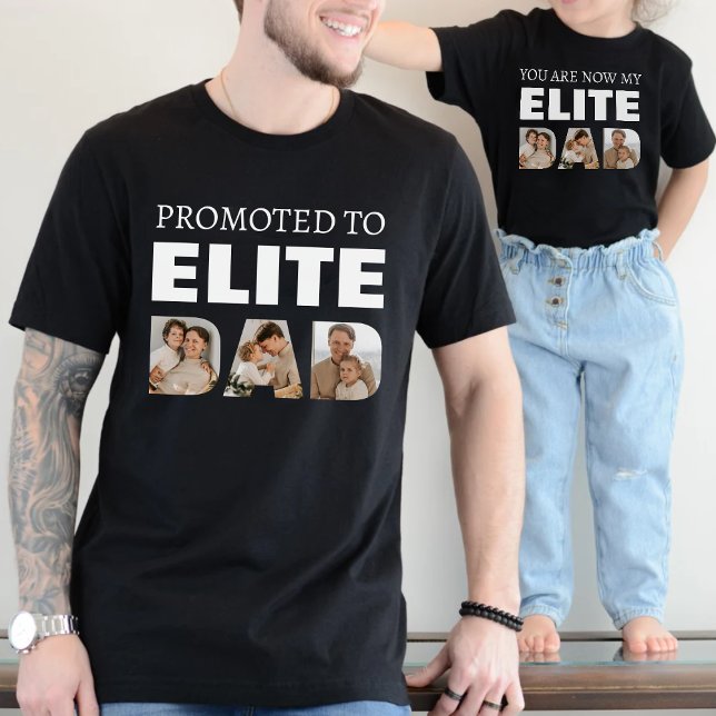 Für Elite Vater Foto Collage Black befördert T-Shirt (Promoted to Elite Dad Photo Collage Black T-Shirt
)
