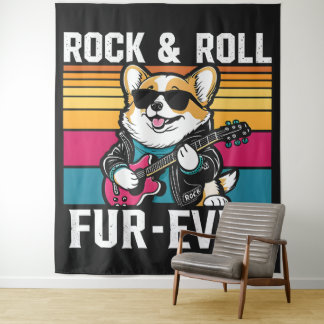 Fur-Ever Rock & Roll With A Rockin Corgi Wandteppich