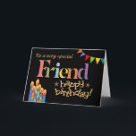 Für Friend Chic Kerzen, Bunting Birthday Card Karte<br><div class="desc">Eine helle und farbenfrohe Geburtstagskarte für einen Freund jeden Alters,  mit Birthday Cake Candles,  Bunting and Stars und dem Wort "Friend" in gemusterter Schrift,  in Goldeffekt (nicht in metallischer Tinte) und Happy Birthday,  auch in Goldeffekt,  auf schwarzem Hintergrund. Ein digitales Design von Judy Adamson.</div>