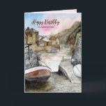 Für Friends on Birthday Staithes England Wasserfar Karte<br><div class="desc">Senden Sie Ihre Nachrichten mit dieser exquisiten Grußkarte, die das Aquarellbild von mir, Farida Greenfield, darstellt. Die Karte enthält eine liebevoll detaillierte Darstellung des traditionellen Fischerdorfes Staithes in North Yorkshire, England. Der Herbst atmet Leben in den malerischen Steinhäusern, gemütlichen Hütten und bescheidenen Booten, die Ihren aufrichtigen Wünschen Charakter und Wärme...</div>