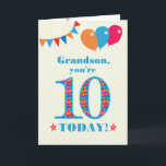 Für Grandson 10. Geburtstagskarte Karte<br><div class="desc">Eine bunte Geburtstagskarte für einen 10-jährigen Enkel. Die große Zahl 10 gefüllt mit einem orangen, roten und blauen Muster, in hellblau umrissen. Oben sind Ballons und Bollen, in passenden Farben, und der Gruß auf der Titelseite ist: "Grandson, du bist heute 10!" in hellroten und blauen Buchstaben, auf einem sehr blassgelben...</div>