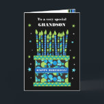 Für Grandson Birthday Cake mit Candles Card Karte<br><div class="desc">Eine helle Geburtstagskarte für Ihren Enkel mit vielen gemusterten Kerzen auf einem Geburtstagskuchen. Oben auf der Titelseite sind die Worte 'To a very special GRANDSON' in einer weißen Schrift auf dem schwarzen Hintergrund. Es gibt eine blaue Band um den Kuchen mit "HAPPY BIRTHDAY!" auch in Weiß. Töne blaue, grüne und...</div>