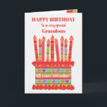 Für Grandson Custom Age Birthday Cake Card Karte<br><div class="desc">Sie können das Alter zu dieser farbenfrohen Geburtstagskarte für Ihren Enkel hinzufügen, mit einer Erdbeergeburtstorte. Der Kuchen hat viele Kerzen mit verschiedenen Mustern und es gibt eine gemusterte Band um den Kuchen mit bunten Sommerfrüchten - Erdbeeren, Himbeeren, Limetten und Orangenscheiben. Über dem Kuchen, der Gruß in roter Schrift ist "GLÜCKLICHER...</div>