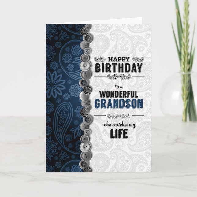 für Grandson's Birthday Blue Paisley mit Buttons Karte (Vorderseite)